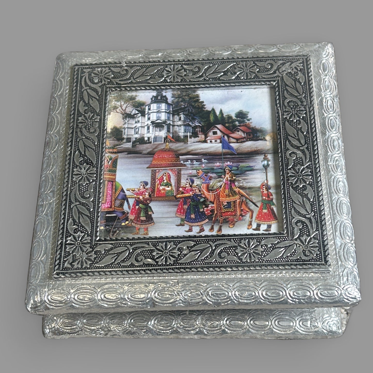 Handmade Indian Meenakari Trinket Box Ornate Silver Metal & Painted Lid