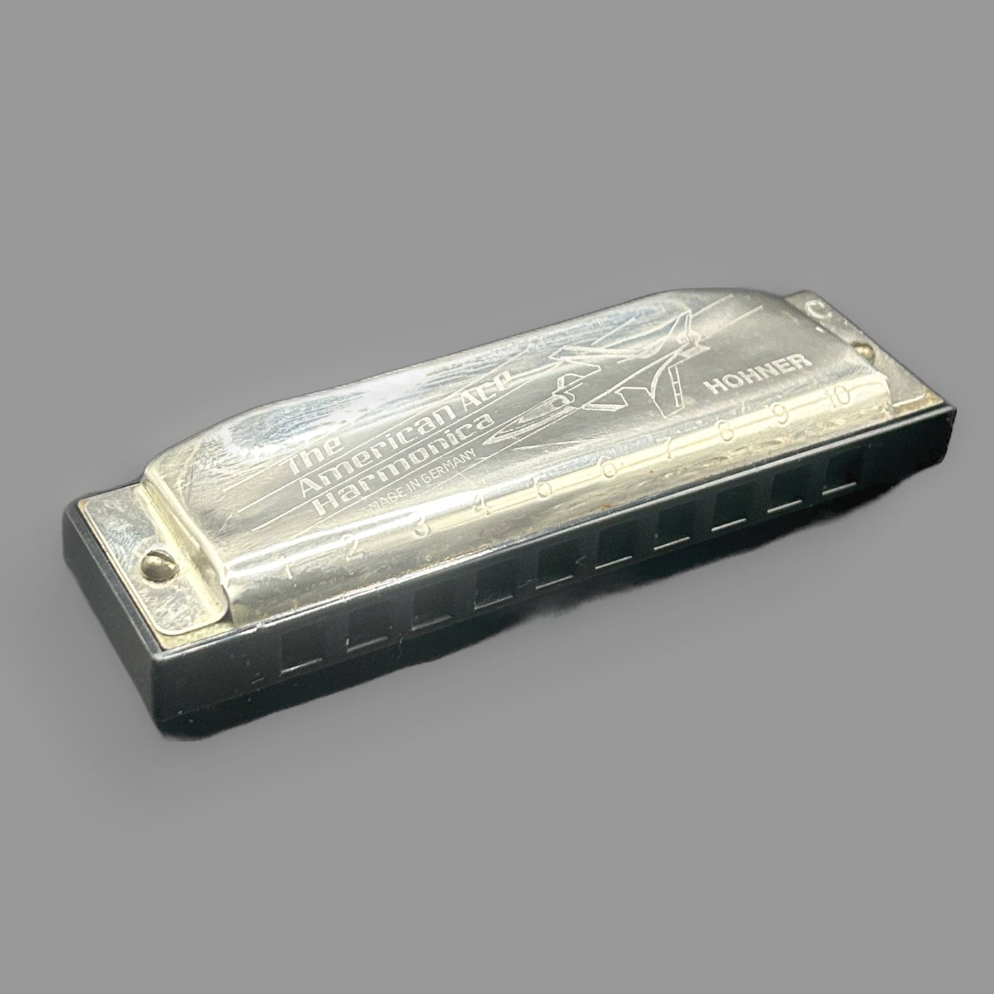 Vintage Hohner American Ace Harmonica Key of C with Airplane Engraved Cover Plate