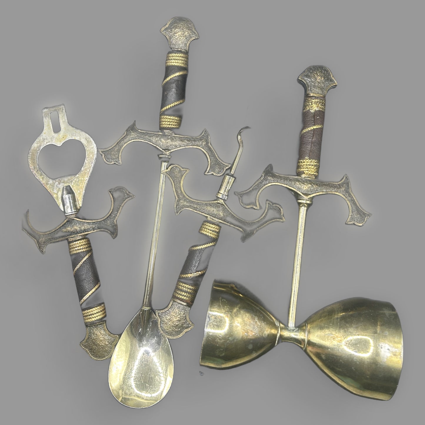 Vintage Brass Medieval Sword Bar Tool Set