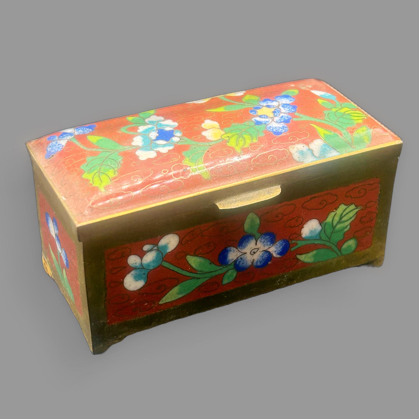 Vintage Chinese Cloisonné Red Enamel Floral Trinket Box Brass Hinged Lid