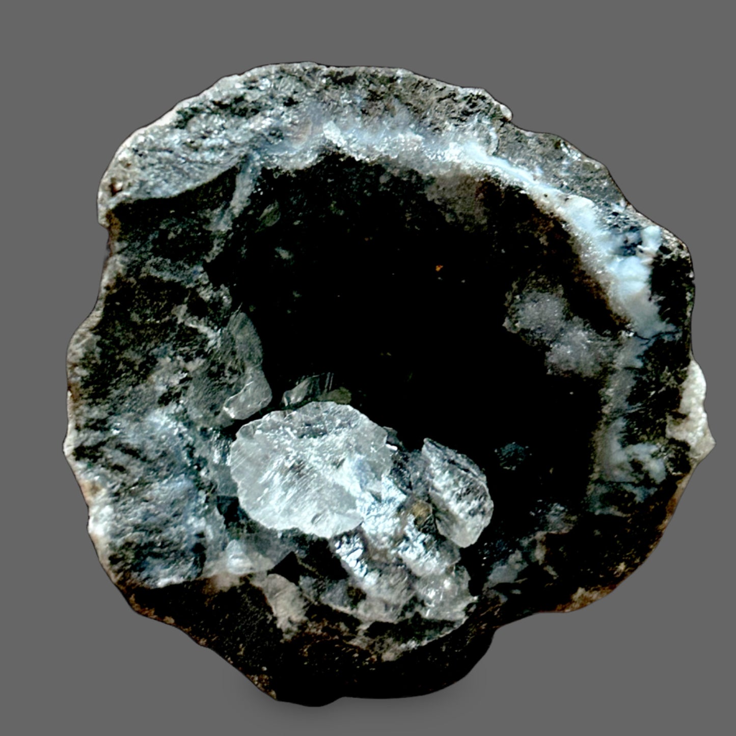 Okenite Puffball in Chalcedony Geode – Ethereal Crystal Nest of Soft Light-34g