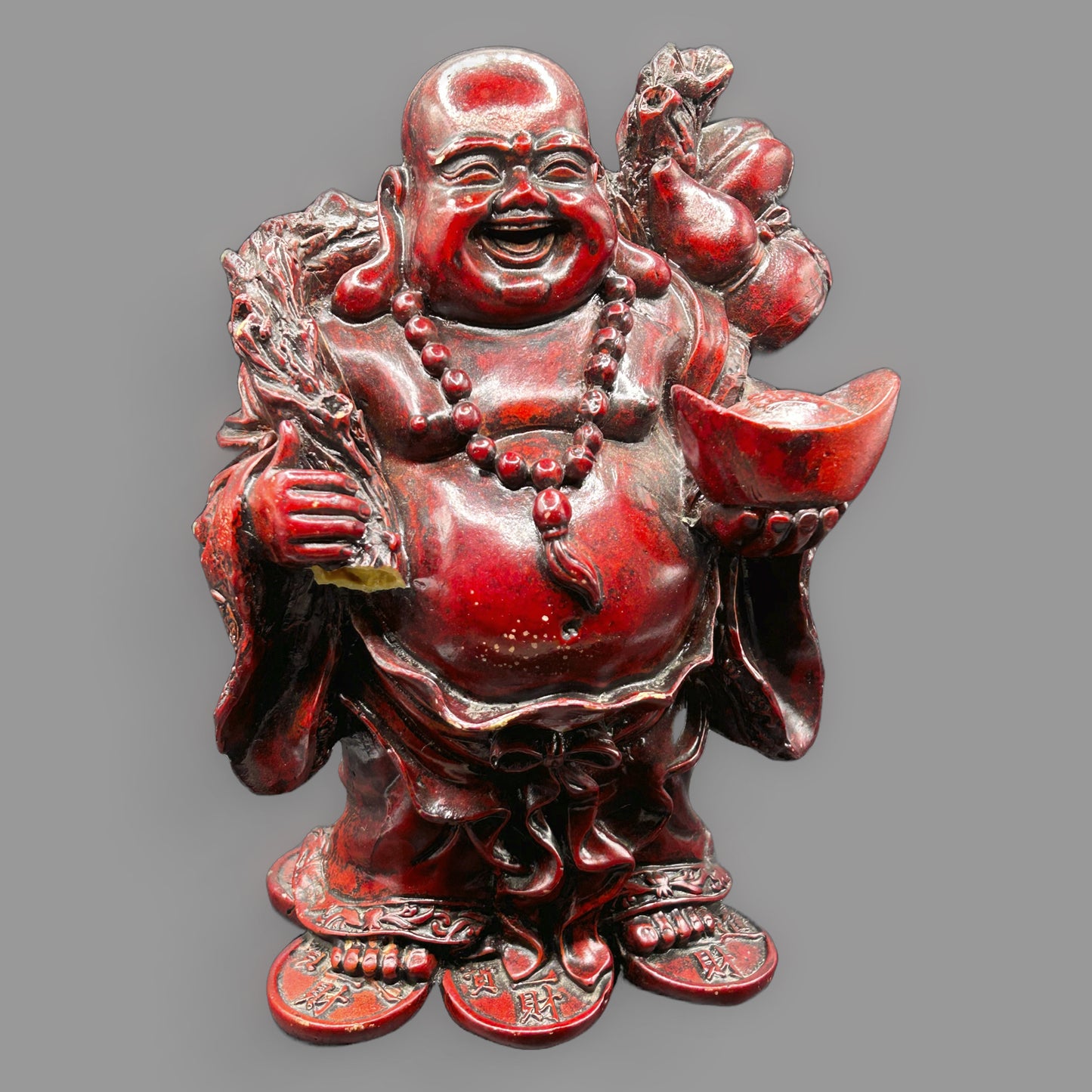 Red Resin Laughing Buddha Statue with Ingot and Sack