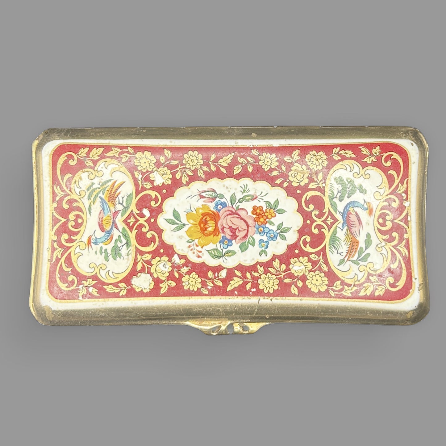 Vintage Stratton England Red & Gold Floral Lipstick Holder Compact