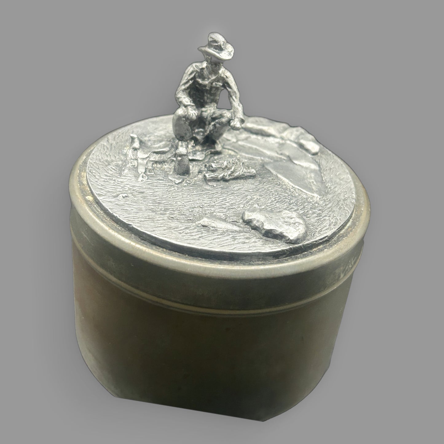 Vintage Metzke 1070 Pewter Trinket Box with Western Campfire Scene