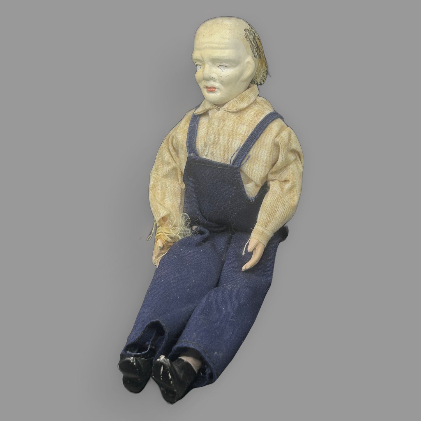 Vintage Composition Old Man Doll in Overalls