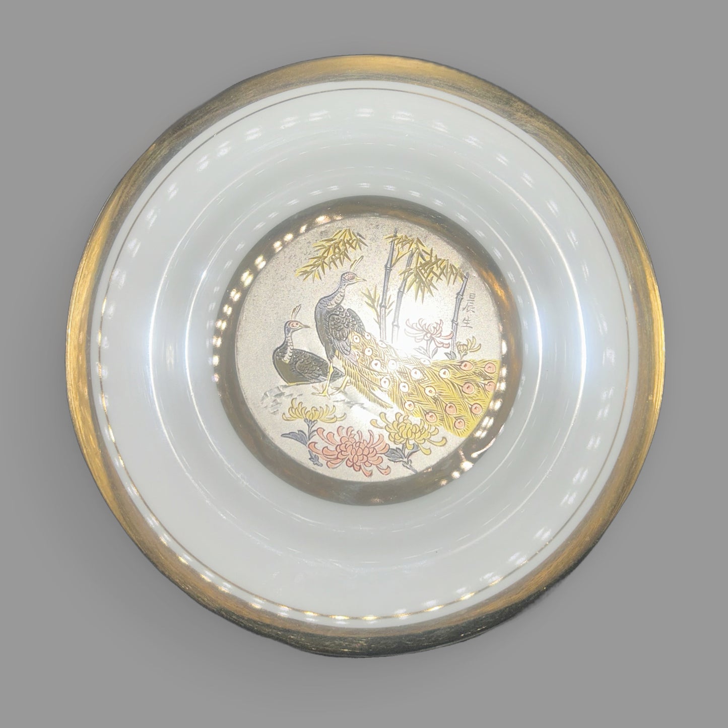 Dynasty Japanese Chokin Art Peacock Collector Plate – Gold & Silver Inlay