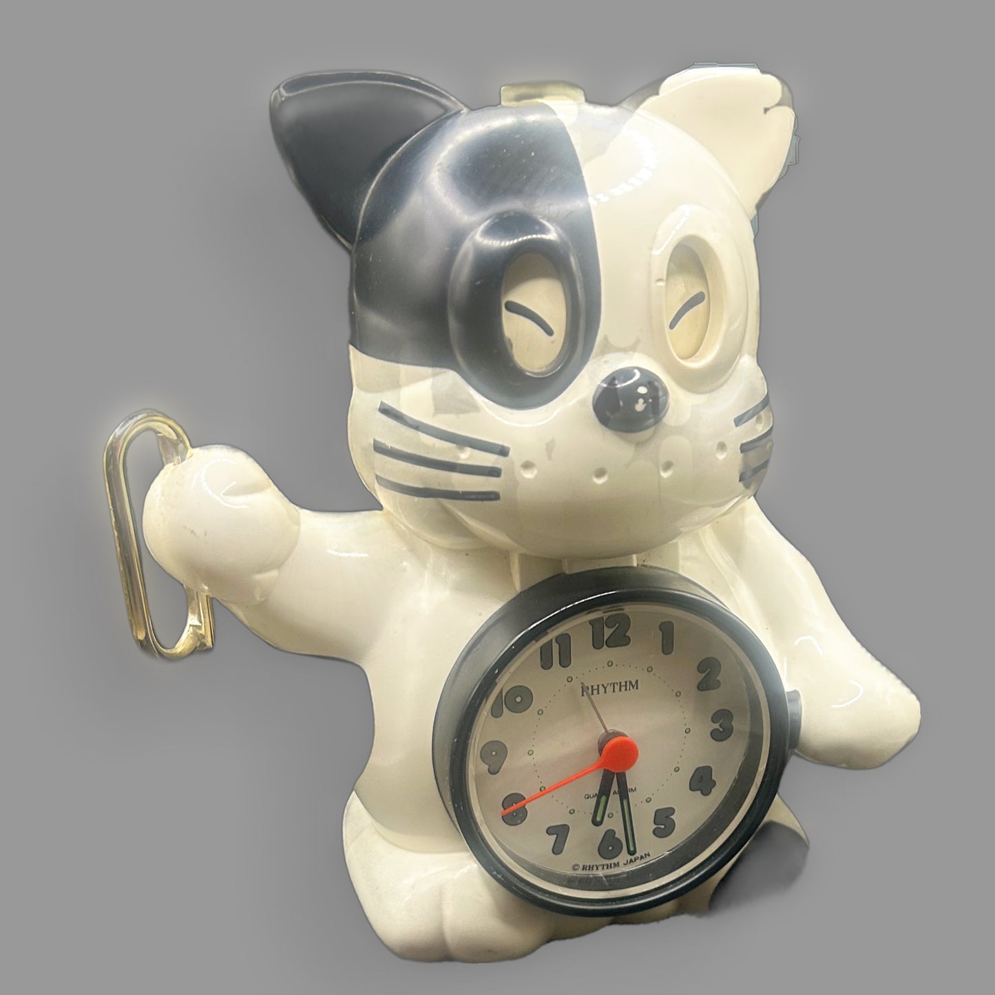 Vintage 1980s Rhythm “Rise & Shine” Black & White Cat Bugle Alarm Clock – Made in Japan