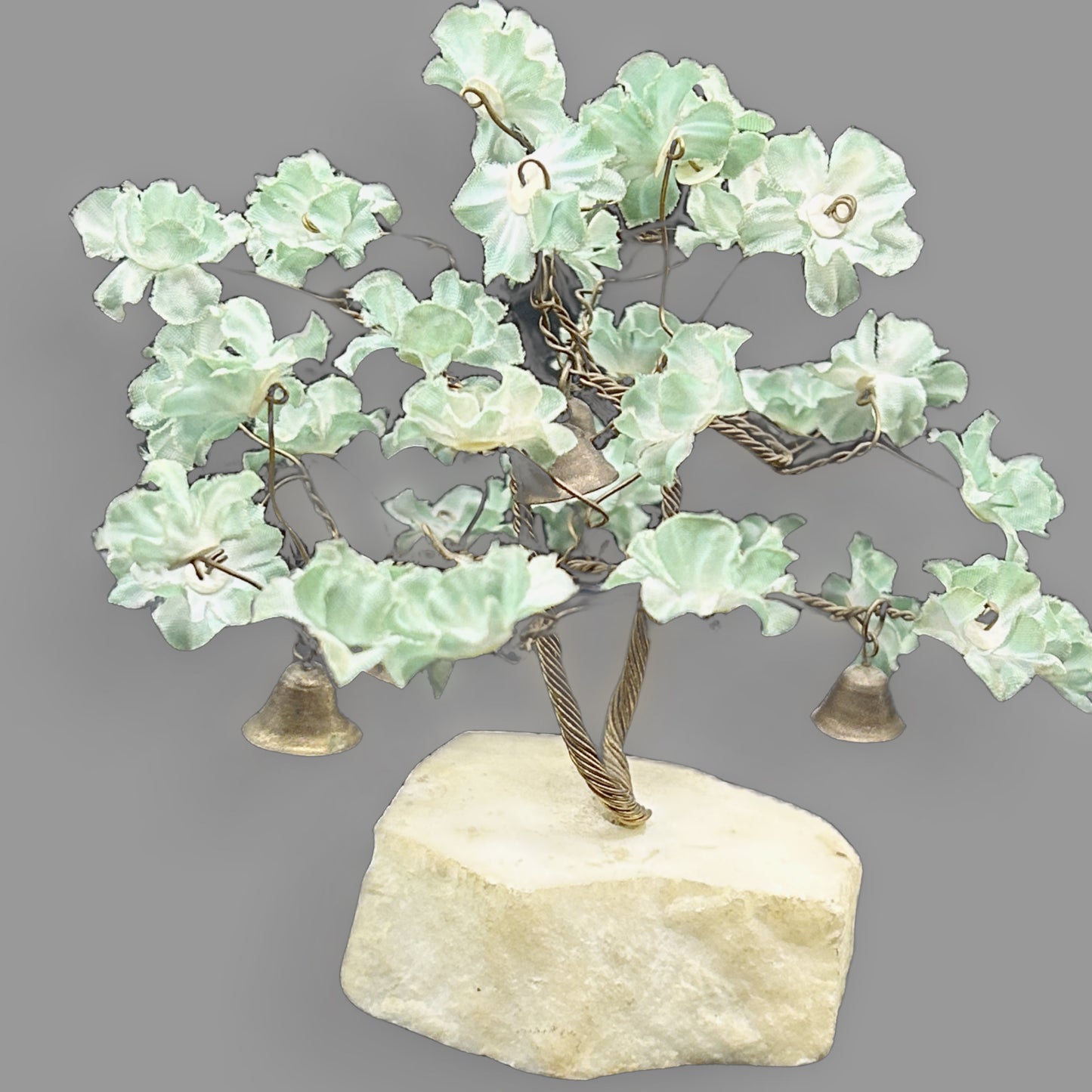 Vintage Brass Wire Flower Tree with Bells on Stone Base