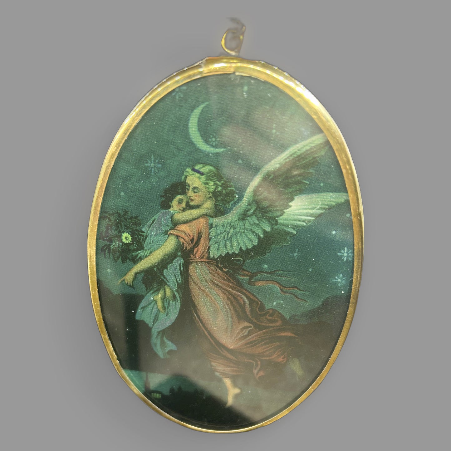 Vintage Guardian Angel Oval Glass Sun Catcher Ornament