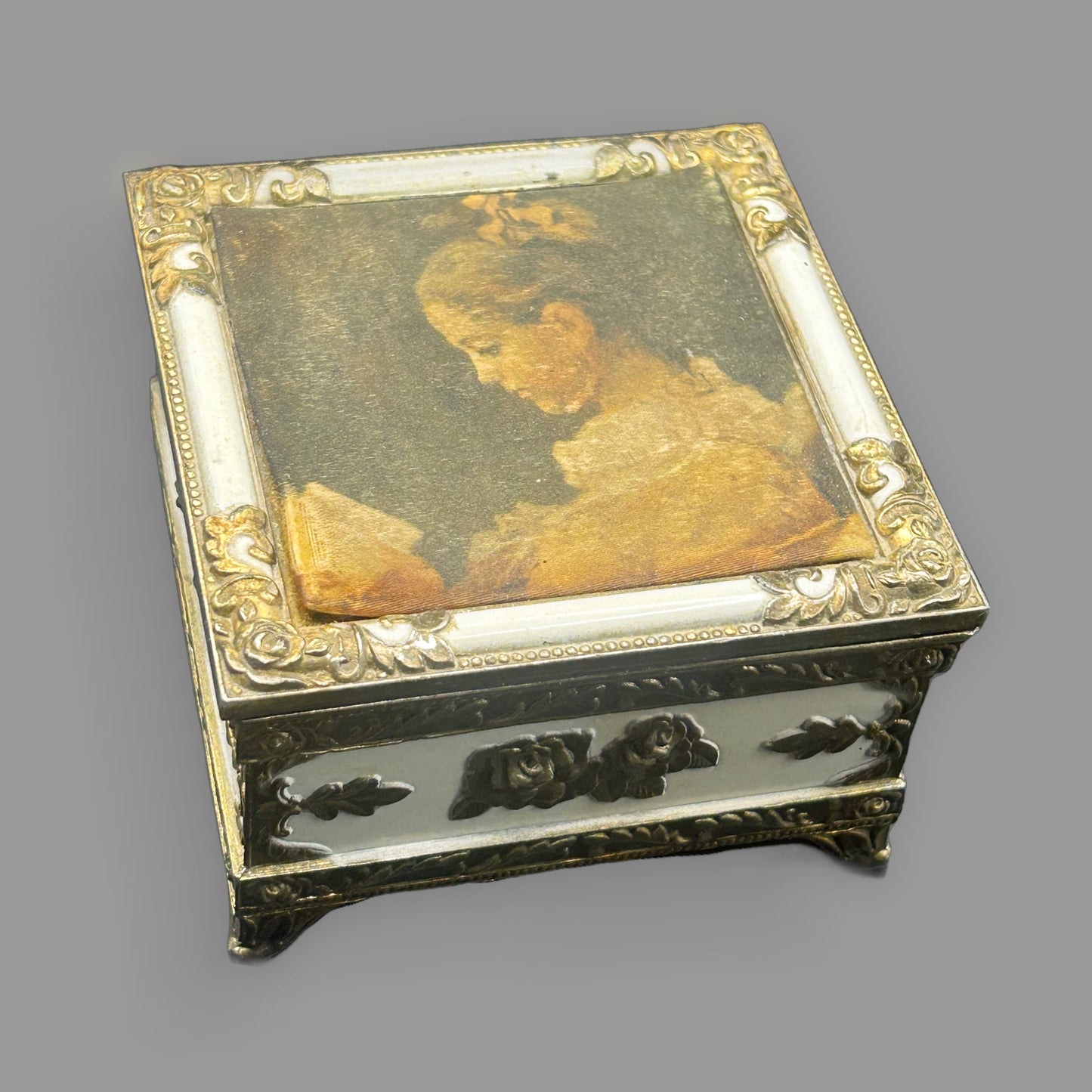 Vintage Hinged Trinket Box with “Girl Reading” Fabric Lid & Gold-Tone Trim