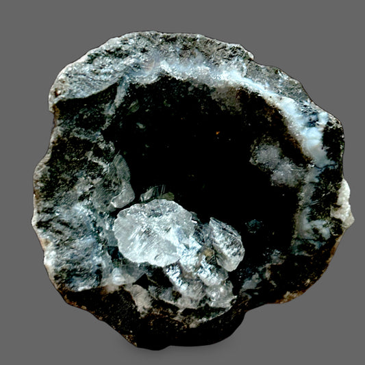 Okenite Puffball in Chalcedony Geode – Ethereal Crystal Nest of Soft Light-34g