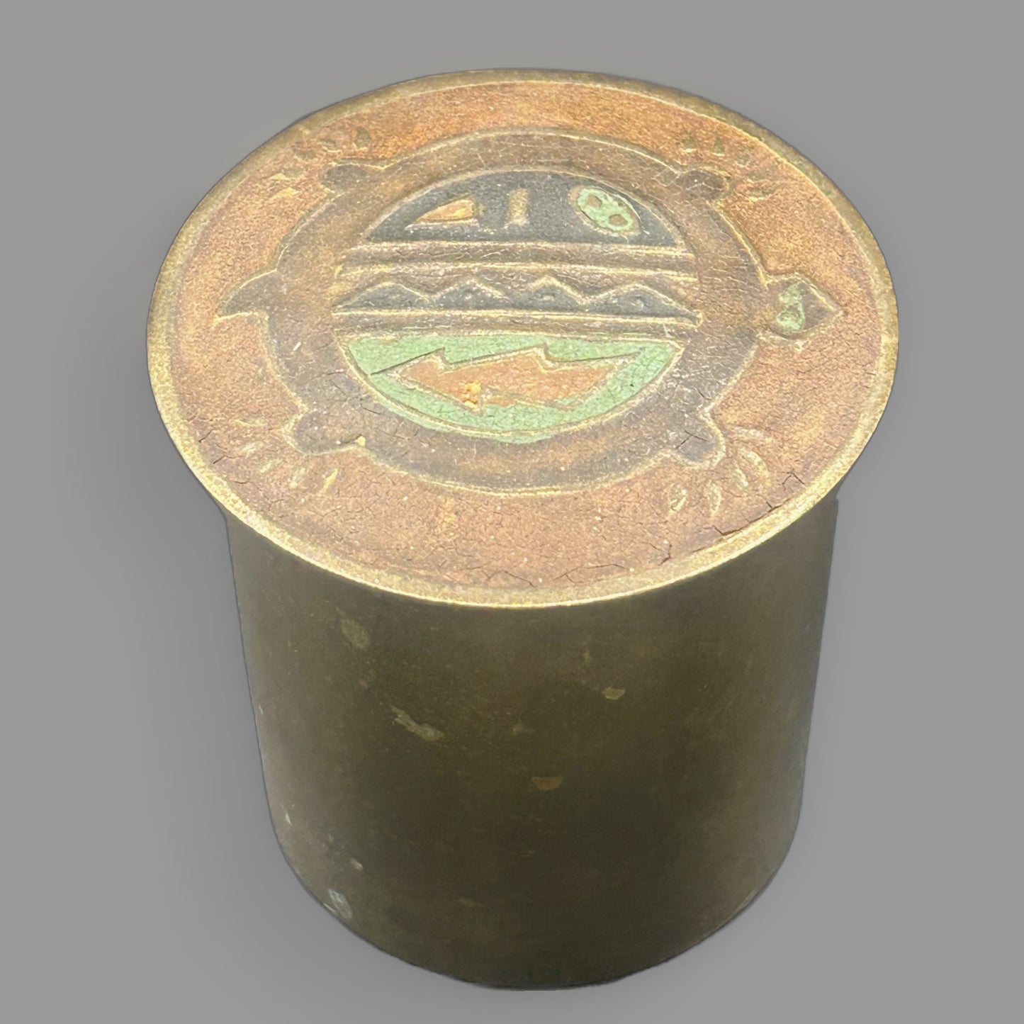 Vintage Brass Cigarette Container Southwestern Cloisonné Enamel Lid