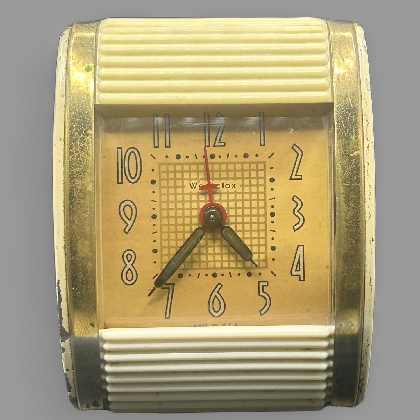 Vintage Westclox Travalarm Ivory Travel Clock with Brass Trim