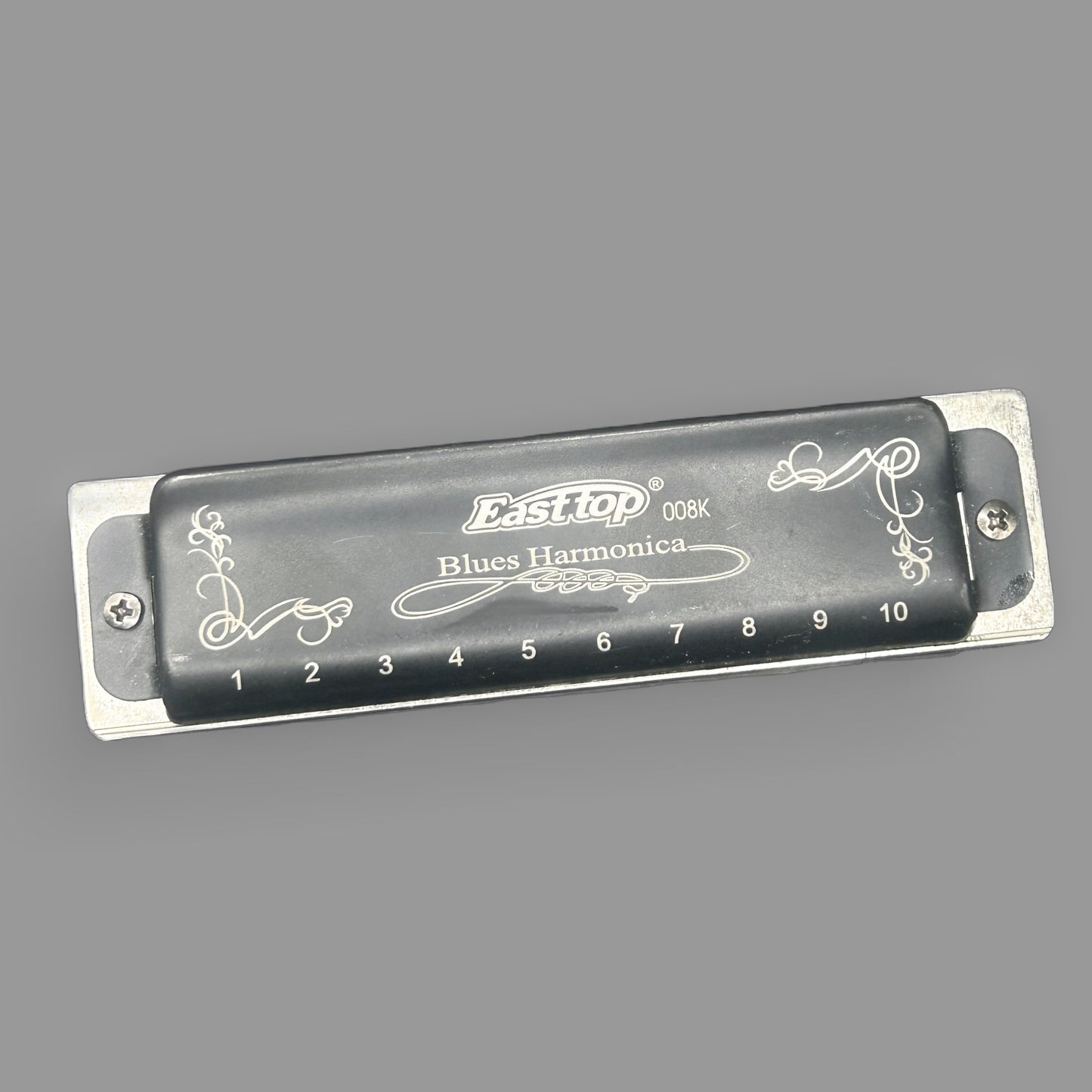 Easttop T008K 10-Hole Diatonic Blues Harmonica with Engraved Black Cover