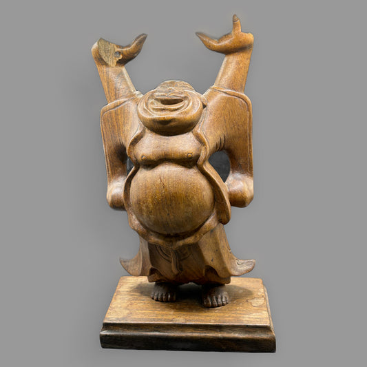 Vintage Hand Carved Wooden Laughing Buddha Statue