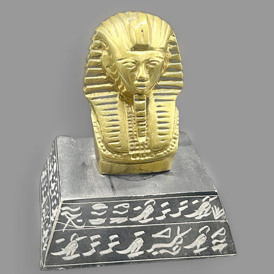 Vintage Brass King Tutankhamun Pharaoh Bust Paperweight with Stone Base