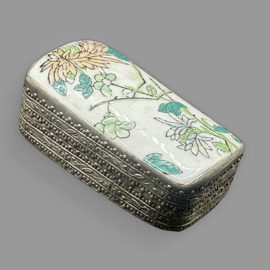 Vintage Chinese Handcrafted Porcelain & Silver-Plated Trinket Box