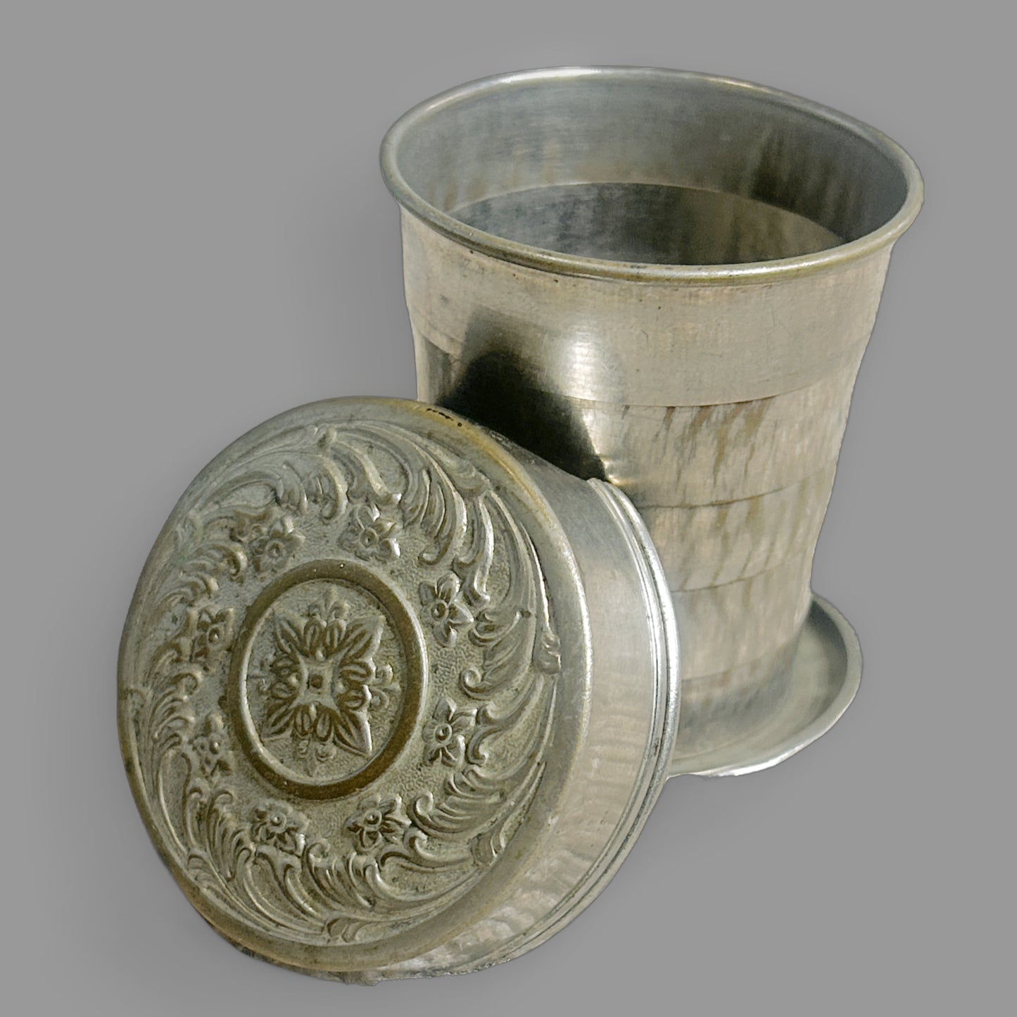 Antique Victorian Collapsible Metal Travel Cup Repoussé Lid