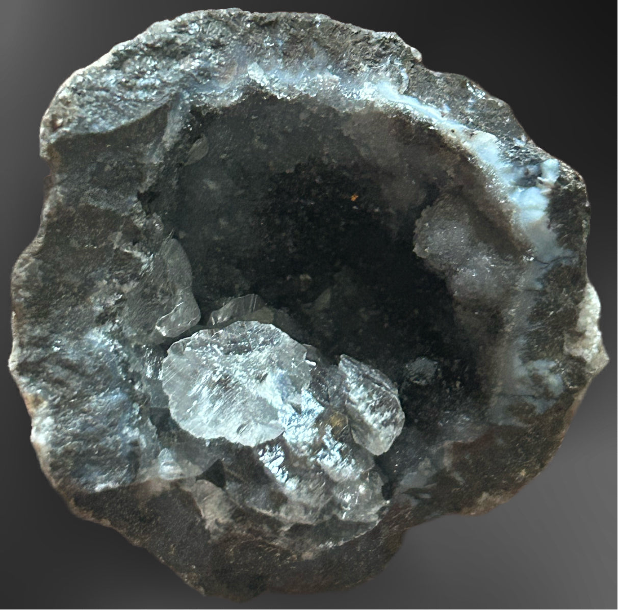 Void & Light — Black Chalcedony Geode with Quartz Crystal Core-34g
