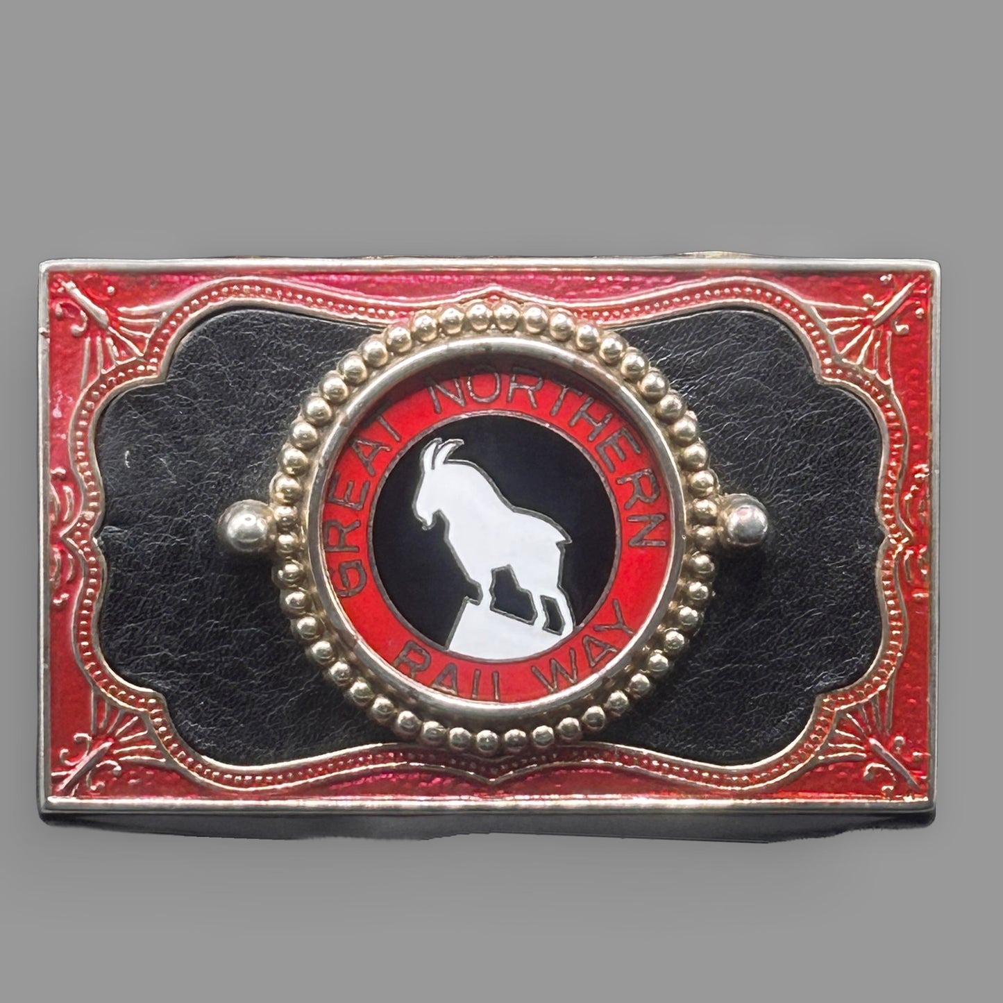 Vintage Great Northern Railway Railroad Belt Buckle – Red & Black Enamel Goat Logo