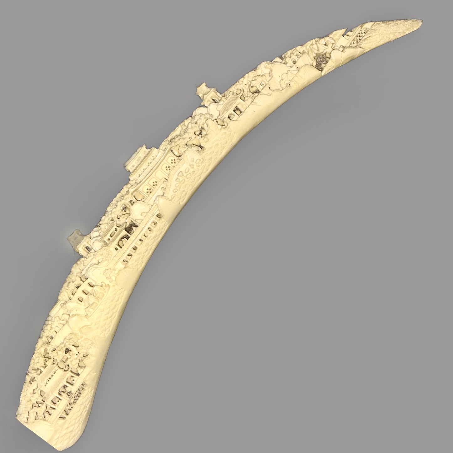 Vintage Ivory-Tone Resin Carved Tusk Village Sculpture