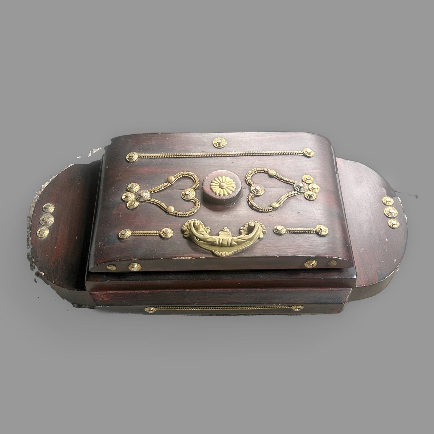 wooden casket style decorative box with brass inlay