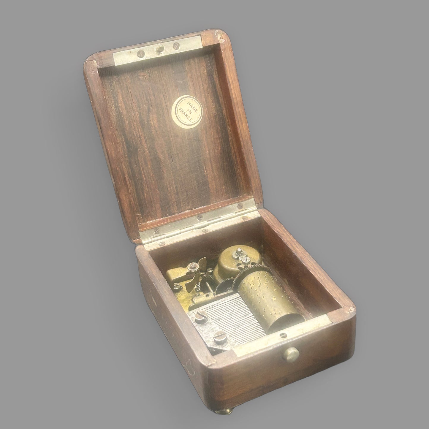 Vintage French Wooden Music Box Brass Musical Movement