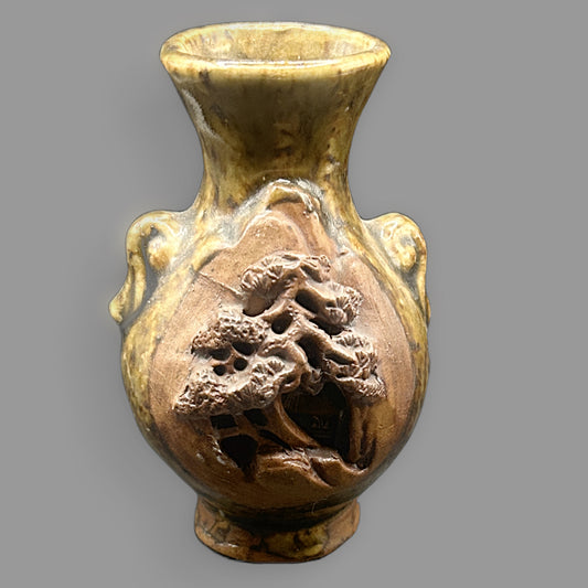 Vintage Japanese Banko Ware Miniature Vase – Hand-Carved 3D Scenic Relief