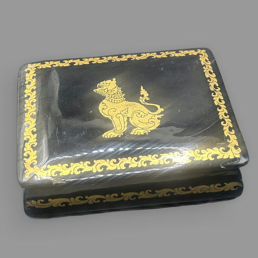 Vintage Thai Black Lacquer Trinket Box Gold Leaf Foo Dog Motif